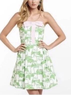 Lilly Pulitzer Dress Women's 4 Mint Julep Derby Strapless Bow Green Pink White